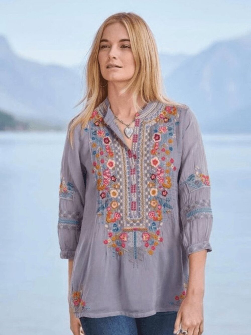 Johnny Was Bethanie Embroidered Boho Tunic Top Biya Gray XS #A3743